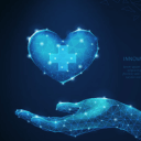 Uma edição de foto, em fundo azul escuro, remetendo tecnologia, há uma mão azul interligados com pontos (ilustrando conexões) extendida com um coração com os mesmo aspectos em cima.