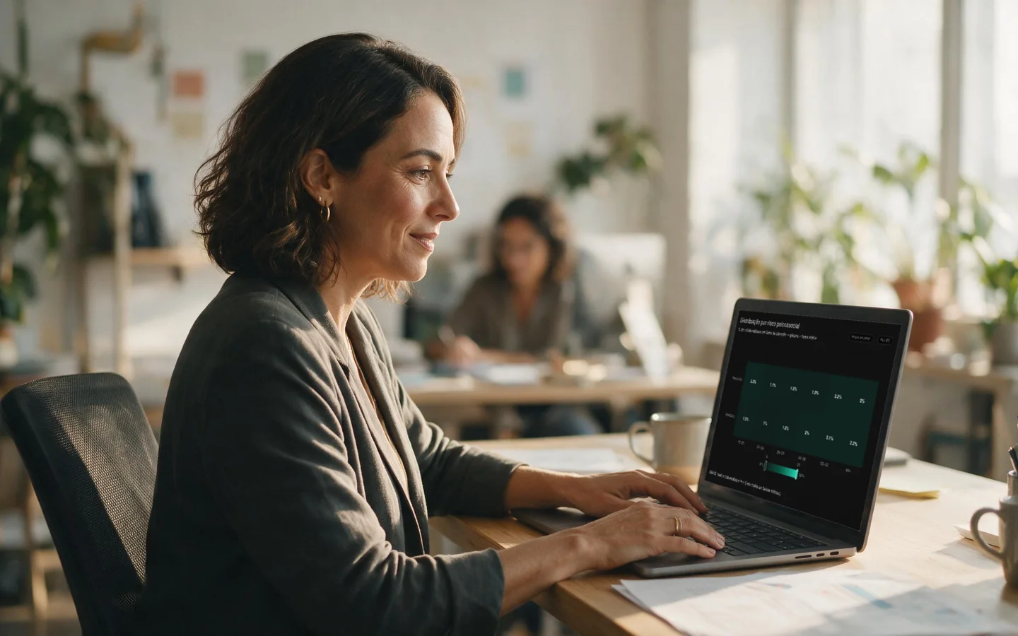 Líder de RH analisando um painel de indicadores populacionais de saúde no notebook
