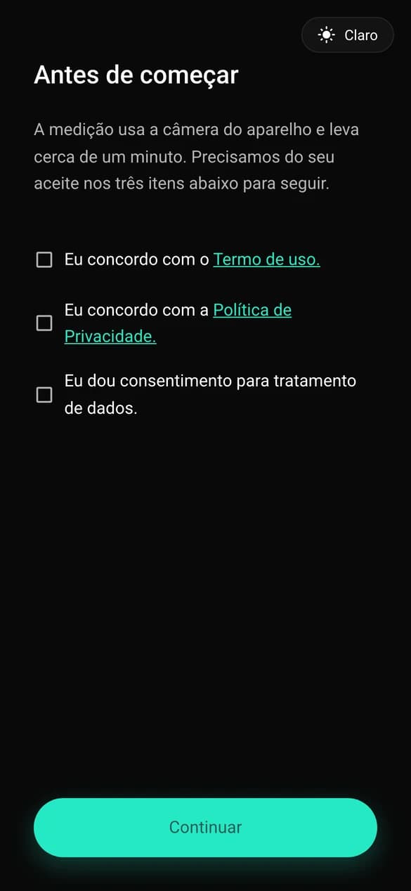 Tela “Antes de começar”, com os três aceites: termo de uso, política de privacidade e consentimento de tratamento de dados