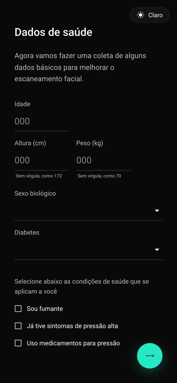 Tela “Dados de saúde”, com campos de idade, altura, peso, sexo biológico e condições de saúde