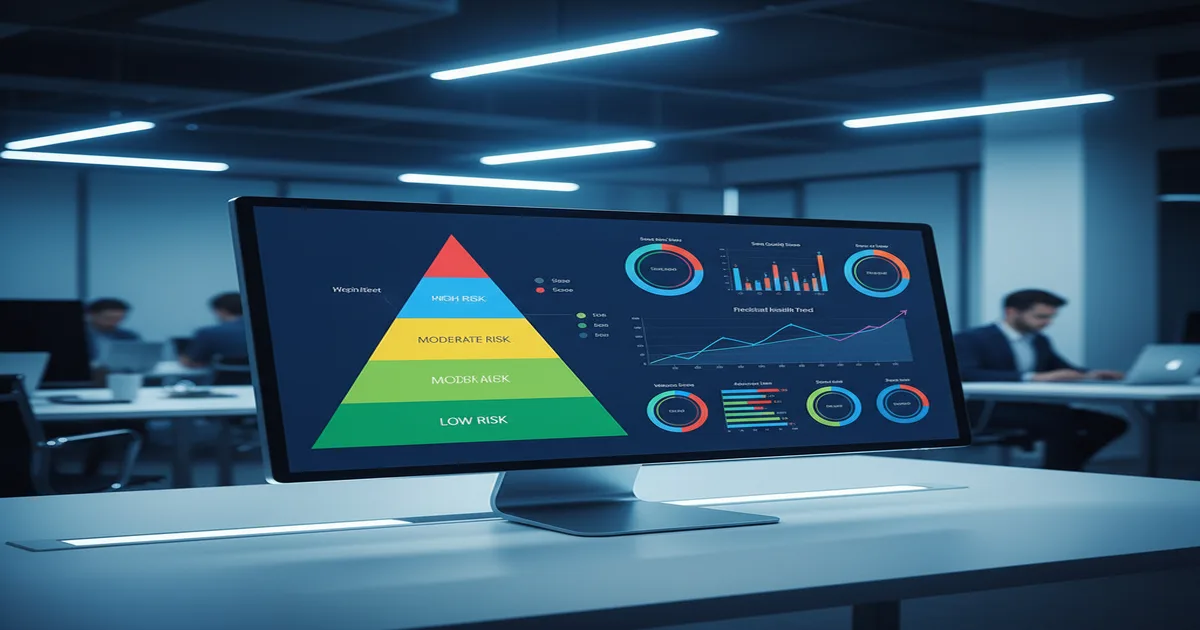 Dashboard de análise preditiva de saúde em monitor grande com gráficos coloridos e pirâmide de estratificação de risco, ambiente de escritório moderno com iluminação azul