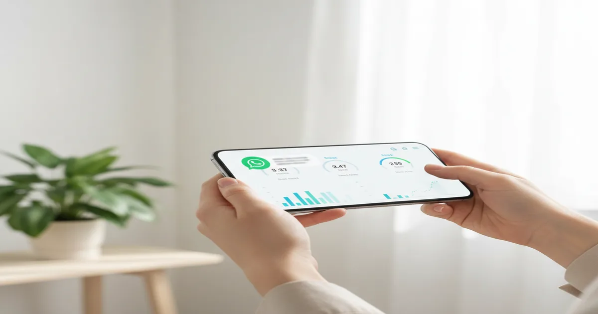 Pessoa usando smartphone com interface de saúde limpa e notificação de WhatsApp visível, ambiente minimalista com luz natural