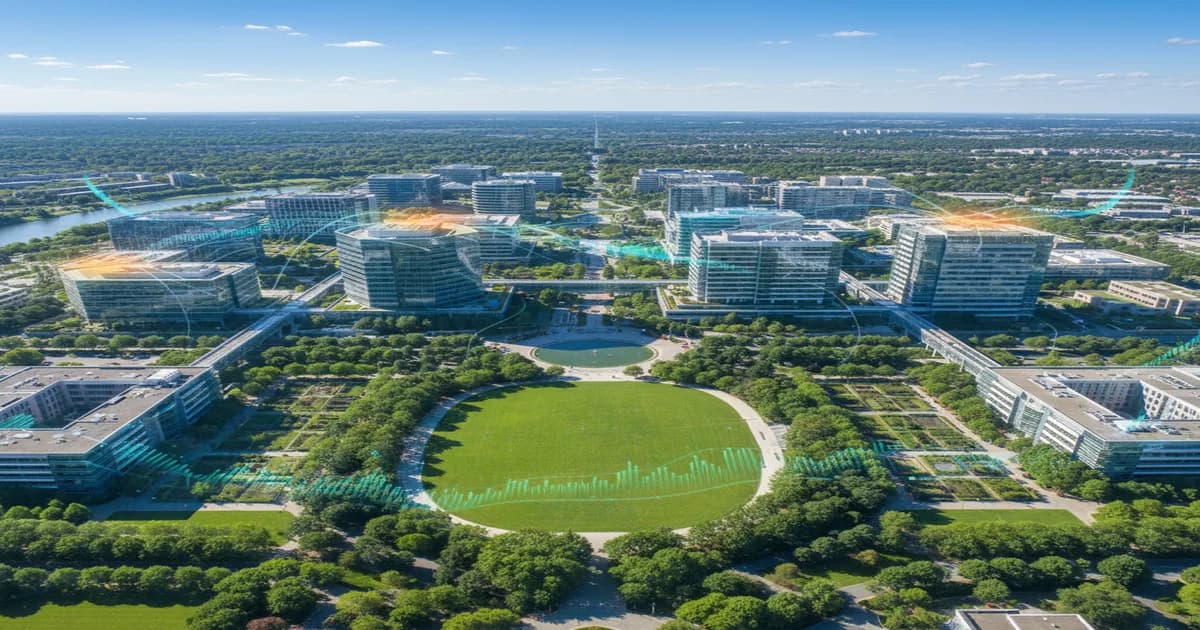 Vista aérea de campus corporativo com múltiplos edifícios e elementos de visualização de dados de saúde sobrepostos, céu azul e áreas verdes