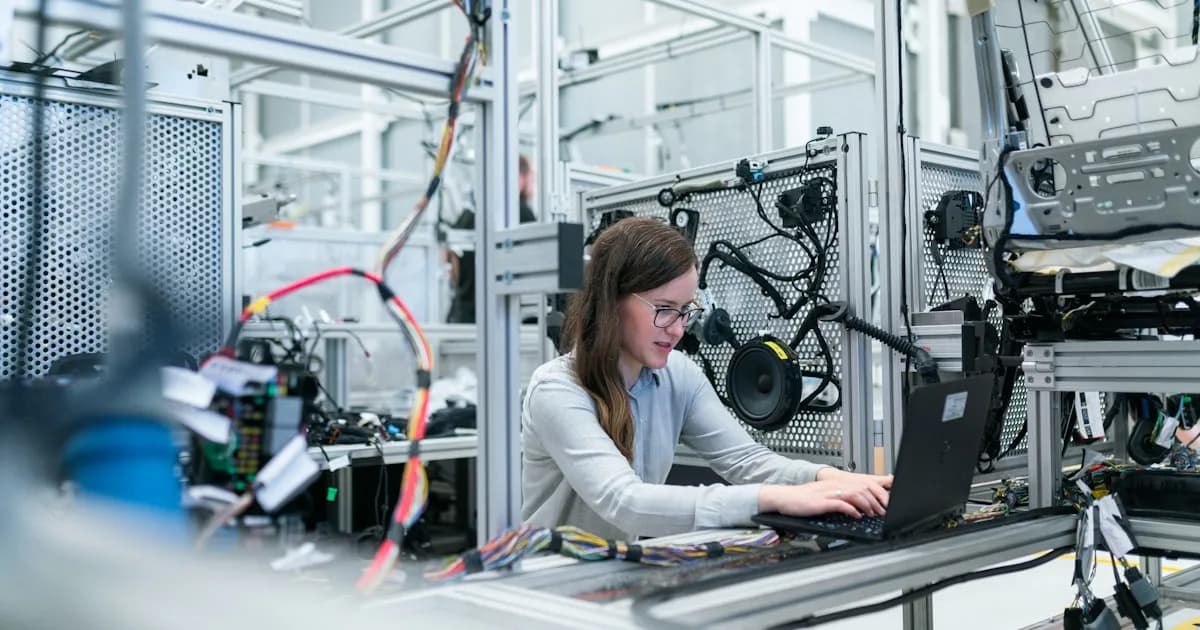 Trabalhadores industriais com EPIs em linha de produção de fábrica