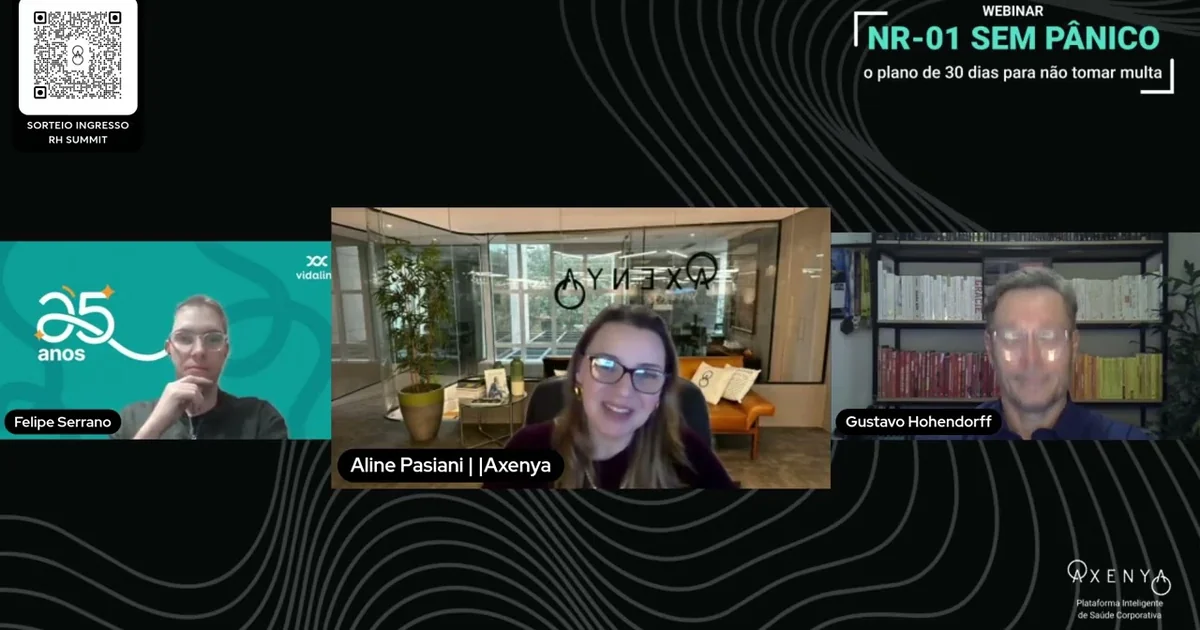 Webinar NR-01 sem pânico com Axenya, Vidalink e Gustavo Hohendorff — dados de saúde mental corporativa