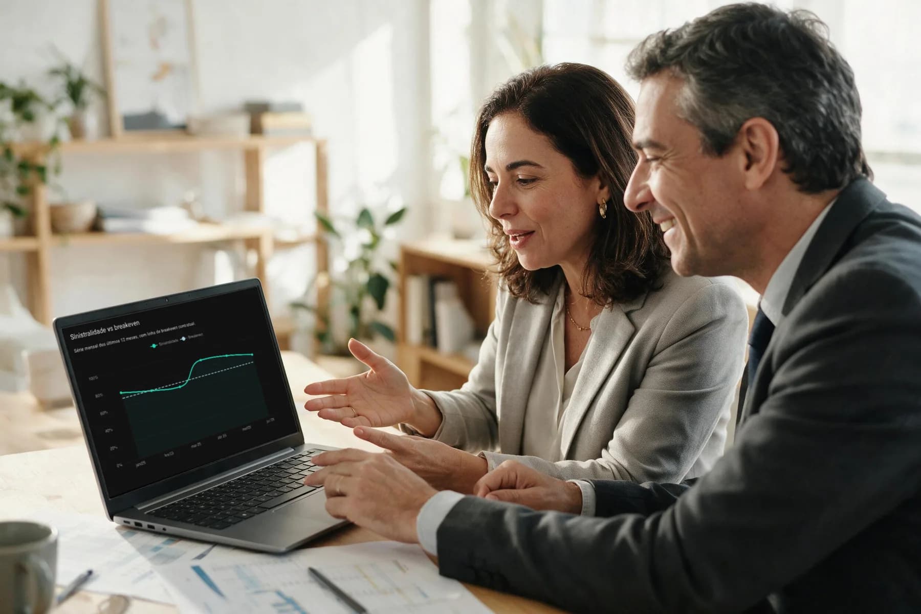 Uma líder de RH e um gestor financeiro analisam juntos, num notebook, o gráfico de custo do plano contra a linha do ponto de equilíbrio do contrato.