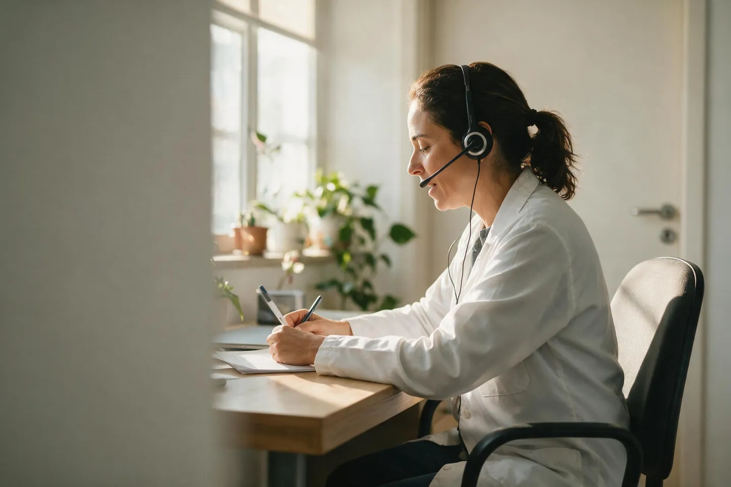 Uma médica sozinha num consultório silencioso, com fone e microfone, anotando à mão durante uma ligação.