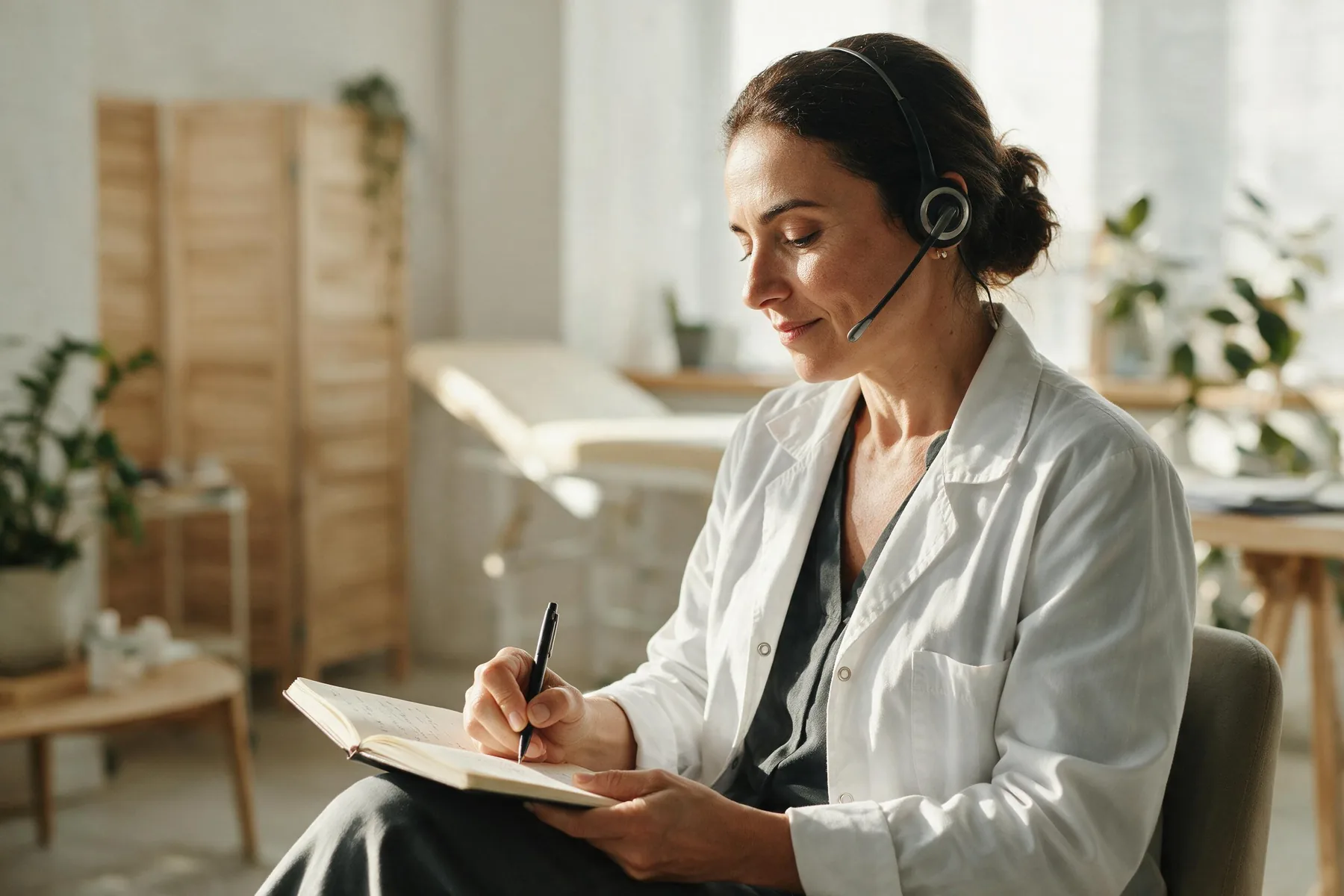 Uma profissional de saúde com fone de atendimento, sozinha numa sala tranquila, anota à mão num caderno durante uma ligação.
