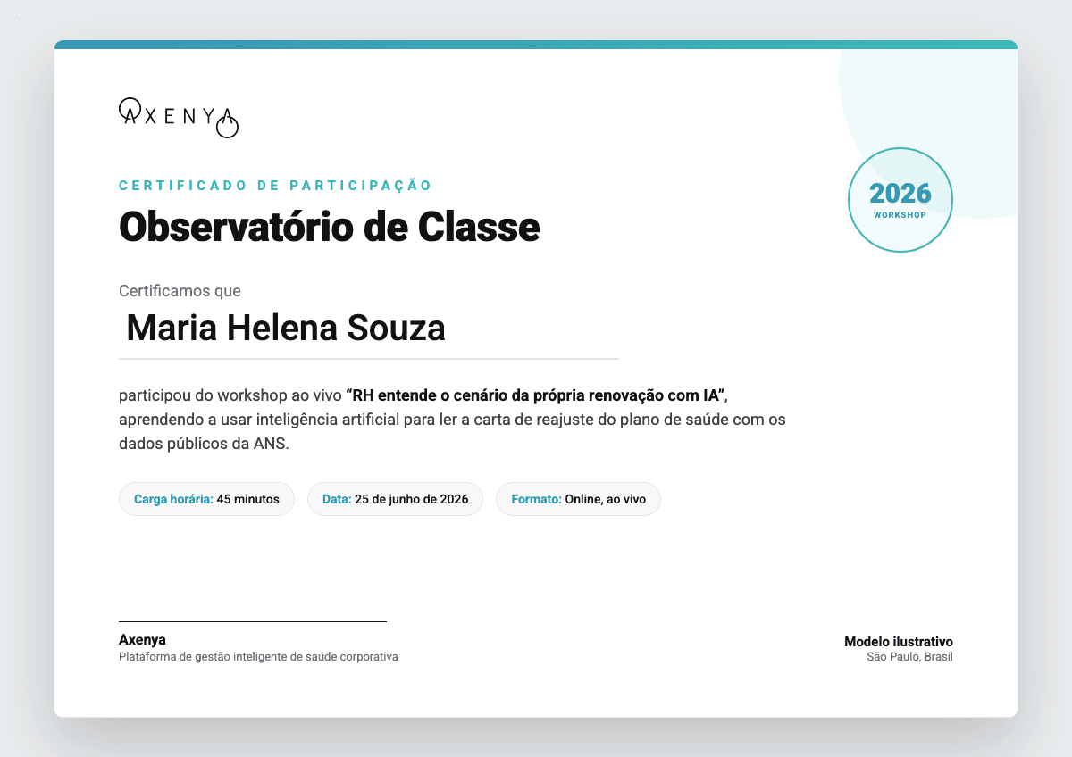 Modelo do certificado de participação do workshop, no nome do participante, com carga horária de 45 minutos e data de 23 de junho de 2026, emitido pela Axenya