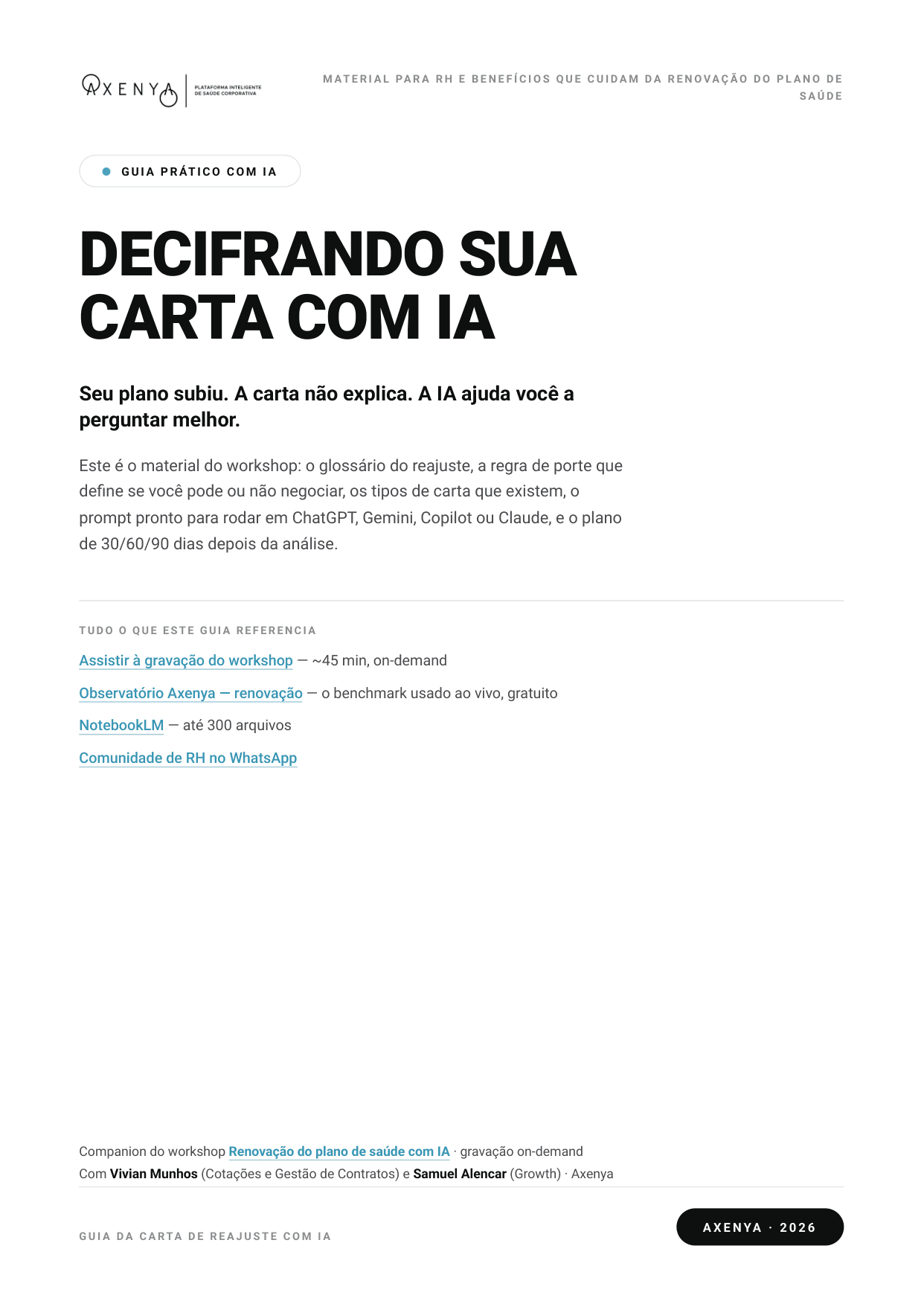 Capa do guia em PDF Decifrando sua carta com IA, da Axenya, entregue junto com a gravação do workshop