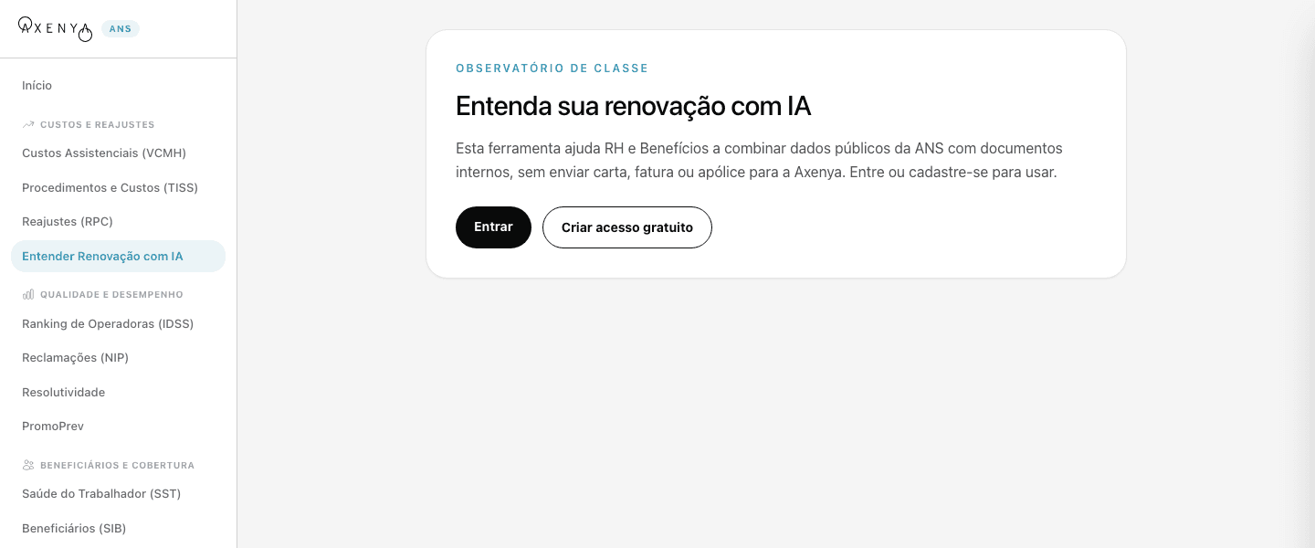 Tela do Observatório Axenya com a navegação de dados públicos da ANS e a ferramenta Entender Renovação com IA em destaque