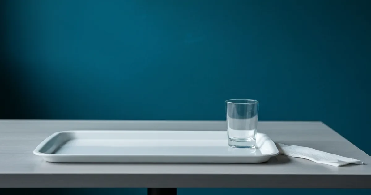 Bandeja branca vazia sobre mesa de refeitório cinza-claro, com copo de água e guardanapo dobrado, parede azul-petróleo ao fundo
