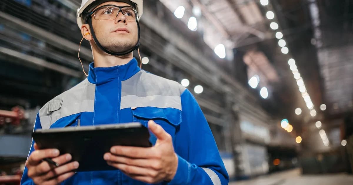 Técnico com capacete, óculos de proteção e protetor auricular registra dados em tablet no piso de uma fábrica