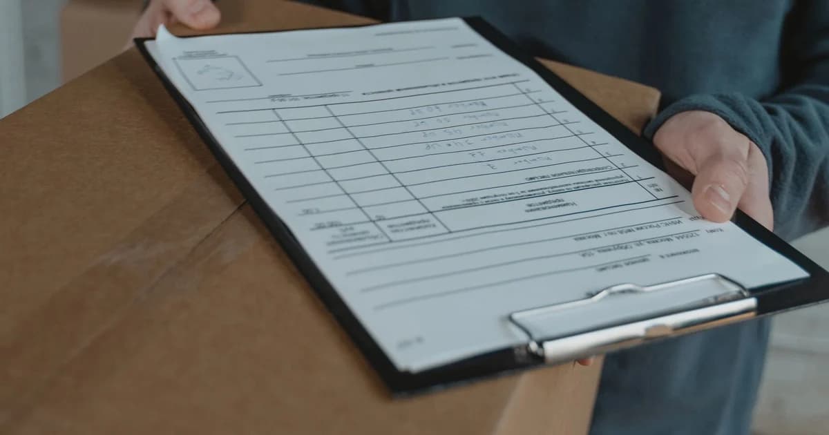 Formulário impresso em branco fixado em prancheta preta, com campos e quadros de preenchimento, apoiado sobre caixa de papelão