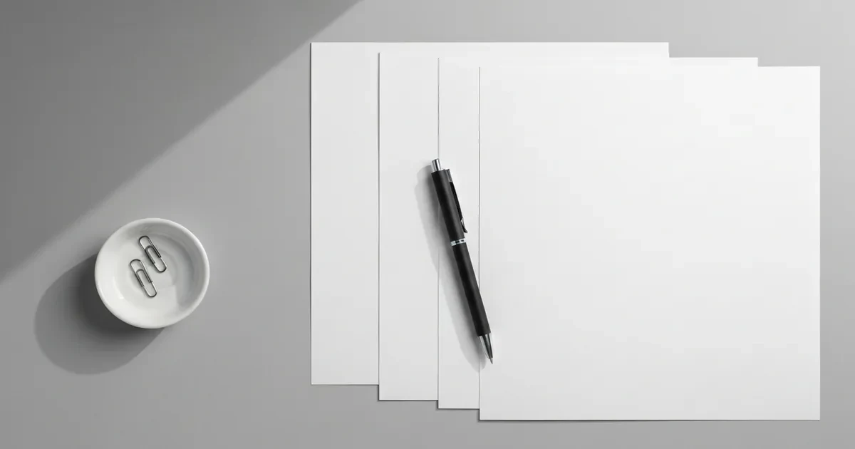 Três folhas de papel branco em branco dispostas em leque sobre mesa cinza, com caneta preta e um prato branco com dois clipes de metal
