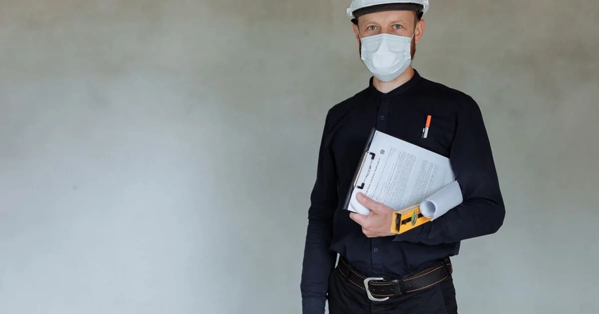 Técnico de segurança do trabalho com capacete branco e máscara segurando prancheta com documento e plantas enroladas, diante de parede neutra
