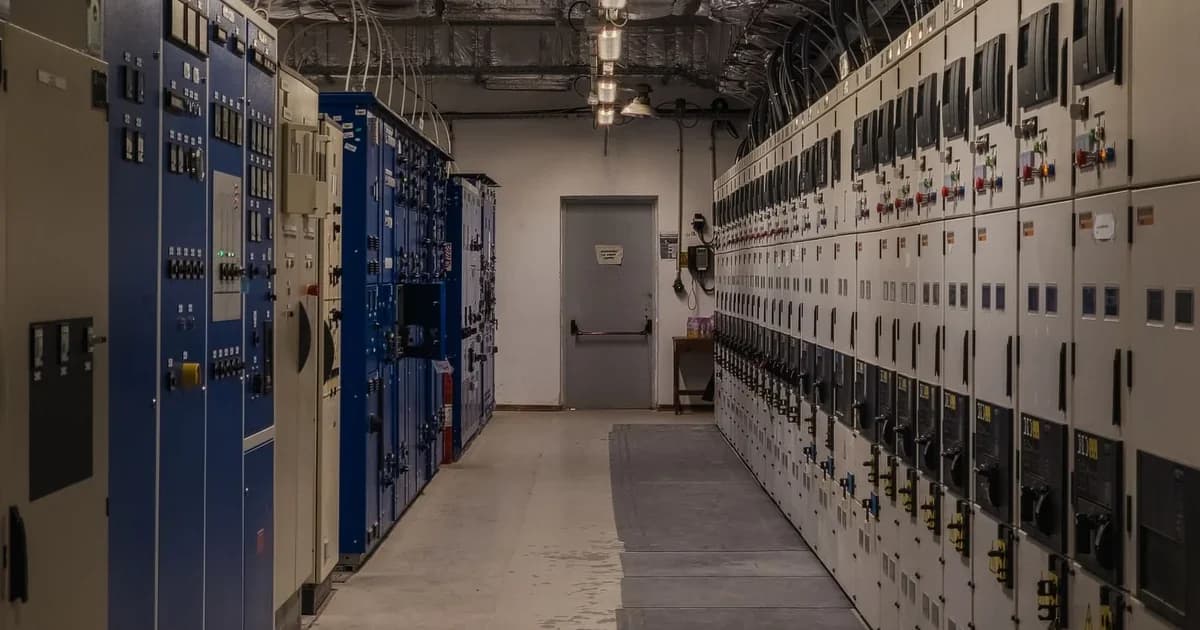Sala de paineis eletricos de uma industria, com armarios de comando azuis e cinzas nas duas laterais do corredor e nenhum operador em cena