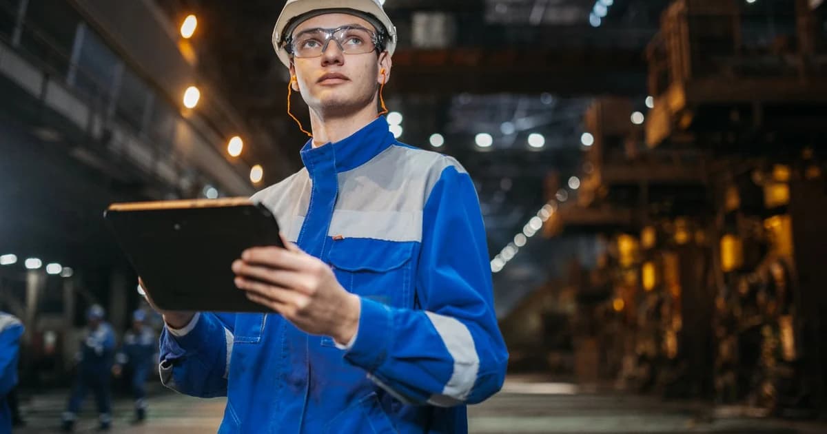 Trabalhador de uniforme azul, capacete branco e óculos de proteção consulta dados em um tablet dentro de uma planta industrial